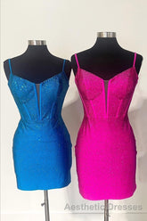 Royal Blue Beaded Sheath Deep V Neck Homecoming Dresses